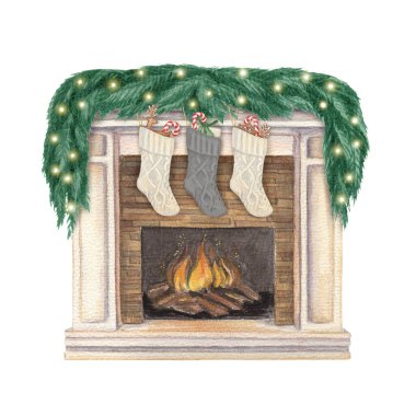 Noel tatili için çelenk ve çorapla süslenmiş şömine. İç dekorun el çizimi suluboya kış çizimi. Xmas grafik ve geleneksel tebrik kartı tasarımı için izole edilmiş çizim.