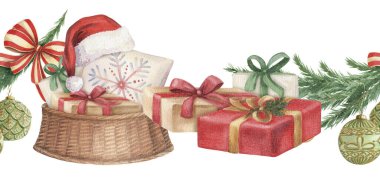 Hasır sepetin, paketlenmiş hediyeler ve cam süslemelerle süslenmiş kusursuz Noel kenarı. El yapımı suluboya kış tatili illüstrasyonu. Xmas geleneği için izole çizim tebrik kartı tasarımı.