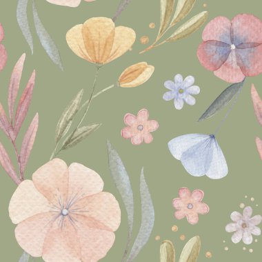 Boho çiçekleri ve yeşil arka planda dalları ve dalları olan kusursuz desenler bırakır. Bebek odası dekoru ve tasarımı için yumuşak pastel renklerle el çizimi suluboya büyüleyici çiçek çizimi.