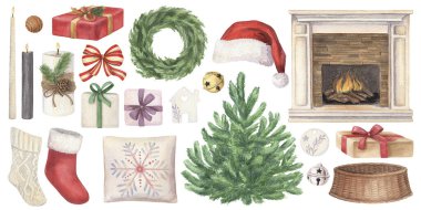 Kırsal tarzda şömineli ve şenlikli ağaç süslemeli büyük bir Noel seti. El yapımı suluboya kış tatili illüstrasyonu. Xmas grafik ve geleneksel tebrik kartı tasarımı için izole edilmiş çizim.