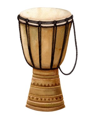 Afrika ahşap davul kahverengi ve altın kabile süsü. Kwanzaa 'nın geleneksel djembe resminin el çizimi suluboya resmi. Afro-Amerikan kültürel festival tasarımı için izole edilmiş çizim.