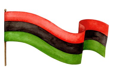 Pan-Afrika bayrağını sallayan özgürlük sembolü. Kwanzaa 'nın el çizimi suluboya Haziran birlik işareti. Afro-Amerikan kültürel festival tasarımı için izole edilmiş çizim.