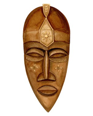 Afrika ahşap maskeli erkek yüzü ve altın kabile süsü. Kwanzaa 'nın geleneksel el sanatlarının el yapımı suluboya resmi. Afro-Amerikan kültürel festival tasarımı için izole edilmiş çizim.