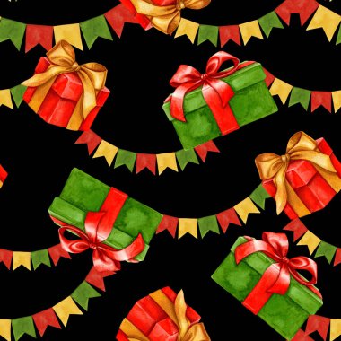 Renkli paketlenmiş hediyeler ve kağıt flama çelenkler. Kwanzaa 'nın geleneksel sembolünün elle çizilmiş suluboya resmi. Afro-Amerikan festival tasarımı için izole edilmiş çizim.