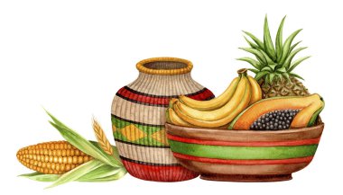 Fruit plate with banana, pineapple, papaya and woven jug Kwanzaa arrangement. Hand drawn watercolor holiday illustration of traditional symbol. Isolated drawing for African-American festive design. clipart