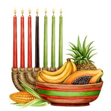 Kinara 'nın Kwanzaa düzenlemesi, yedi mum ve meyve tabağıyla. Geleneksel sembolün suluboya resmi. Afro-Amerikan kültürel festival tasarımı için izole edilmiş çizim.