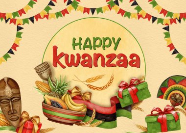 Happy Kwanzaa watercolor horizontal greeting card with traditional symbols. Hand drawn holiday illustration for invitation and congratulation. Colorful design for African-American cultural festival. clipart