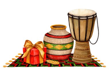 African drum with woven jug and wrapped gift on mkeka mat Kwanzaa arrangement. Hand drawn watercolor holiday illustration of traditional symbol. Isolated drawing for African-American festive design. clipart