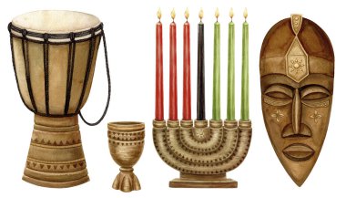 Set of Kinara wooden candleholder, African Ghana mask and drum with tribal ornament. Hand drawn watercolor Kwanzaa holiday illustration. Isolated drawing for African-American cultural festive design. clipart