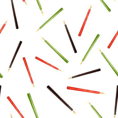 Kwanza pürüzsüz, dağınık, siyah ve yeşil mum deseni. Mishumaa Saba geleneksel sembolünün suluboya resmi. Afro-Amerikan festival tasarımı için izole edilmiş çizim.