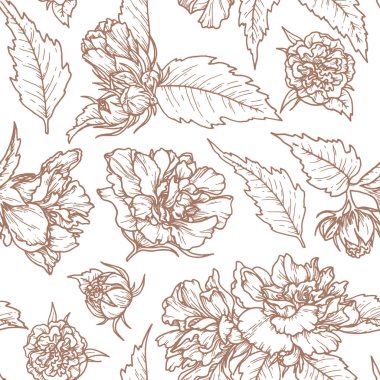 Mocha Mousse 'un 2025 yılının çiçeksiz deseni. Taslak çiçekli ve kahverengi tonlu el çizimi arka plan. Moda grafik kaynağı ve şık kumaş tasarımı için mükemmel.