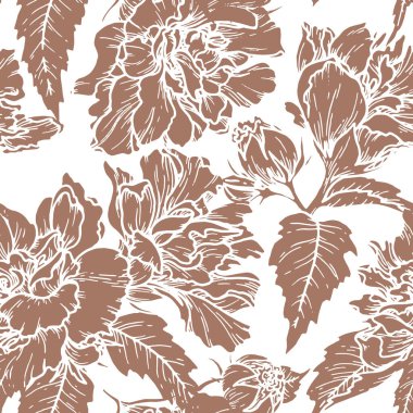 Floral seamless pattern in the 2025 color of the year Mocha Mousse. Hand drawn background with silhouette flower and brown tone. Perfect for creating trendy graphic resource and stylish fabric design. clipart