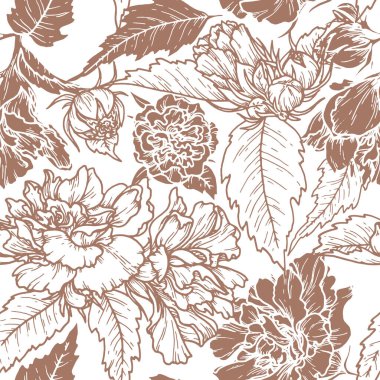 Mocha Mousse 'un 2025 yılının çiçeksiz deseni. Siluet çiçek ve kahverengi tonla el çizimi arka plan. Moda grafik kaynağı ve şık kumaş tasarımı için mükemmel.