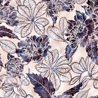 Watercolor texture floral seamless pattern with line and silhouette flowers. Hand drawn background with beige and blue shades. Perfect for creating trendy graphic resource and stylish fabric design. clipart