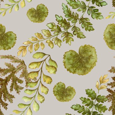 Fern leaves seamless pattern on gray background. Hand drawn watercolor botanical surface with textured prehistoric foliage. Perfect for the use of ecological material and modern sustainable design. clipart