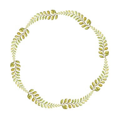 Round thin wreath with fern leaves botanical card template in earth tone. Hand drawn watercolor elegant floral frame. Perfect for the use of ecological material and modern sustainable design. clipart