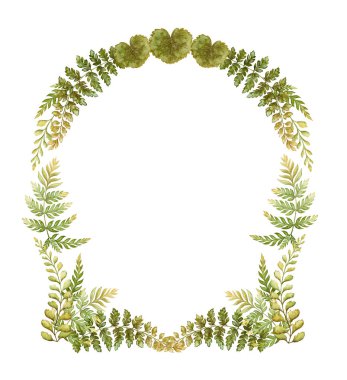 Arched wreath with fern leaves botanical card template in earth tone. Hand drawn watercolor elegant floral frame. Perfect for the use of ecological material and modern sustainable design. clipart