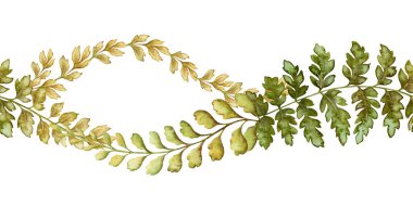 Fern leaves curved seamless border in the earth green colors. Hand drawn watercolor botanical element with textured foliage. Perfect for the use of ecological material and modern sustainable design. clipart