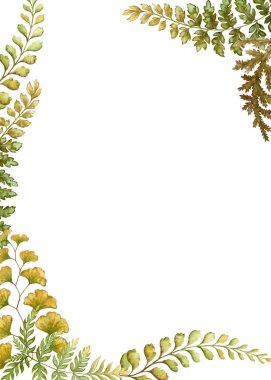 Eğreltiotu yapraklı dikey kart çerçeve şablonu toprak tonunda botanik çizim yapar. El yapımı suluboya çiçekli kenar. Ekolojik materyal ve modern sürdürülebilir tasarım için mükemmel..