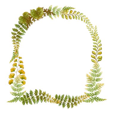 Arch wreath with fern leaves botanical card template in earth tone. Hand drawn watercolor elegant floral frame. Perfect for the use of ecological material and modern sustainable design. clipart