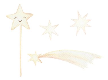 Sihirli yıldızların kuyruklu yıldızı ve sihirli değnek bebek çizimi çizgi film tarzında. El yapımı suluboya çocuk dostu karakter. Pijama partisi tema şablonu ve çocuksu tasarım için mükemmel.