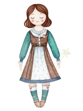 Sihirli yıldızlı, çizgi film tarzında bebek resimli gecelikli uyuyan kız. El yapımı suluboya çocuk dostu karakter. Pijama partisi şablonu ve çocuksu tasarım için mükemmel.
