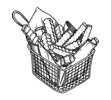 Sepetteki patates kızartmaları grafik çizgili sanat tarzında. El çizimi, fast food öğününün ana hatları. Mönü oluşturma ve modern çizim tasarımı için mükemmel.