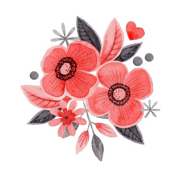 Halk tarzında kalp kompozisyonu olan çiçekler. Düğün davetiyeleri yaratmak için kırmızı ve gri renklerde stilize edilmiş illüstrasyon. El çizimi romantizm ve aşk kartı tasarımı için mükemmeldir..