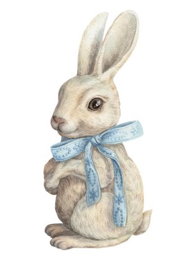 Klasik Paskalya temalı mavi kurdeleli şirin beyaz tavşan. Gerçekçi el çizimi suluboya geleneği. Kart tasarımı için mükemmel. Festivalsel dekor ve baskı için ideal.