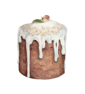 Şekerli Paskalya pastası. Eski usul suluboya resimleme. Gül ve bademle süslenmiş şenlikli Kulich pastanesi. El çizimleri tatil tasarımı için idealdir. Bahar pişirme kartı şablonu.