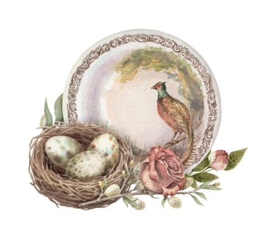 Yumurtalı ve porselen kaplama suluboya resimli kuş yuvası. Pembe gül ve söğütle süslü bulaşık takımı. El çizimi bahar tasarımı için ideal. Paskalya tebrik kartı şablonu.