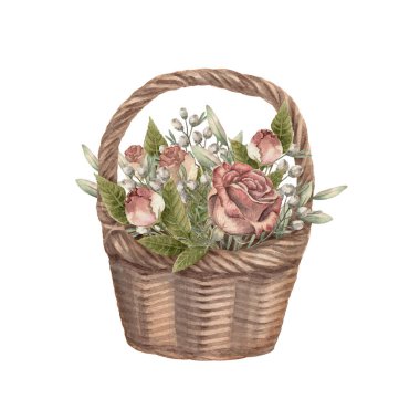 Klasik paskalya tarzında gül sepeti çiçeği. Elle çizilmiş suluboya resim pembe ve kahverengi tonlarda ve yumuşak pastel detaylarla. Kart tasarımı şablon posteri ve tatil dekorasyonu için mükemmel..
