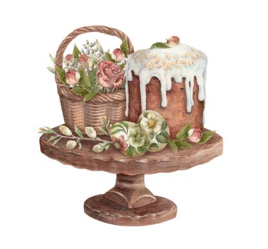 Pasta standında gül sepeti olan Paskalya Kulich. Eski usul suluboya resimleme. Çiçek ve bademle süslenmiş bir pastane. El çizimi tatil tasarımı. Bahar pişirme kartı şablonu.