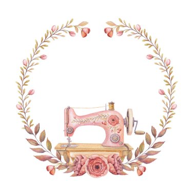 Suluboya dikiş makinesi olan güzel bir çelenk. Elle çizilmiş, pembe gül çiçekleri ve yapraklarla süslenmiş bir çiçek deseni. Terzi logosu, romantik kart ve davetiye tasarımı için mükemmel..
