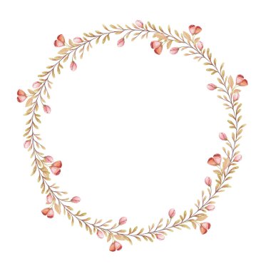 İnce, pembe çiçekler ve yapraklarla suluboya bir çelenk. El yapımı, çiçek desenli, küçük çiçek dalları. Terzi logosu, romantik kart ve davetiye tasarımı için mükemmel..