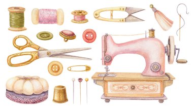 Suluboya mobilya ve dikiş seti. Pembe makine ve terzi makasıyla el yapımı klasik şablon. Moda endüstrisi ve el işi malzemeleri. Atölye ya da terzi tasarımı için mükemmel.