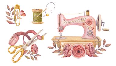 Suluboya işlemeli dikiş ve dikiş malzemeleri seti. Makas ve makasla el yapımı vintage düzenleme. Moda endüstrisi ve el işi malzemeleri. Atölye ya da terzi tasarımı için mükemmel.