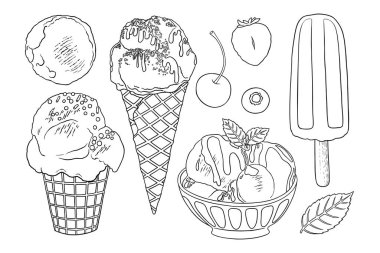 Dondurmalı waffle külahı ve buzlu dondurma. El çizimi vektör besin çizimi. Mönü veya ürün oluşturma ve paket tasarımı için mükemmel tatlı tatlı çizgisi grafiği.