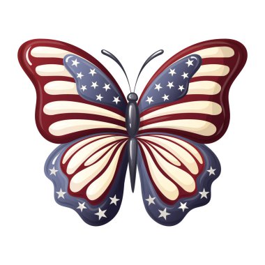 Çizgi film tarzında Amerikan bayrağı rengi kanatlı kelebek vatansever vektör çizimi. 4 Temmuz partisi için yıldız ve şeritli renkli grafik tasarımı. Independence Day tişört tasarımı için mükemmel..
