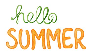 Merhaba Yaz sarısı ve yeşil desenli alıntı. El yapımı suluboya güneşli tipografi. Seyahat ya da tatil için kaligrafi öğesi. Yaz kartı şablonu ve tatil sezonu tasarımı için mükemmel.