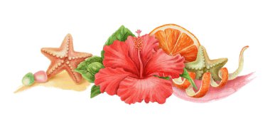 Hibiscus çiçekleri ve deniz yıldızlarıyla yaz boyu anlaşma. Portakal rengi ve fırça darbeleriyle el yapımı suluboya resim. Plaj titreşim elementi. Kart şablonu ve tatil sezonu tasarımı için mükemmel.
