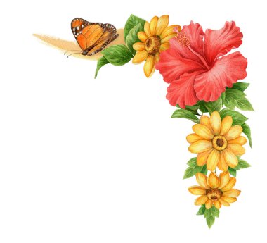 Sarı çiçekli kırmızı Hibiscus ve kelebek yaz köşesi düzenlemesi. El yapımı suluboya botanik çizimleri. Bitkisel kart şablonu ve tatil sezonu tasarımı için mükemmel bir grafik ögesi.