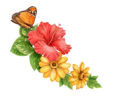 Ayçiçekli Hibiscus çiçeği ve Kral kelebeği yaz aranjmanı. Yapraklı el yapımı suluboya resim. Tatil grafik elementi. Yaz kartı şablonu ve tatil sezonu tasarımı için mükemmel.
