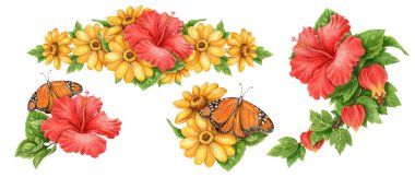 Kral kelebeği ve amber çiçeği seti. Tropikal bayram temalı dekorasyon için el yapımı suluboya çiçek resimleri. Parlak canlı ve renkli mevsimlik kart veya yazdırma şablonu.