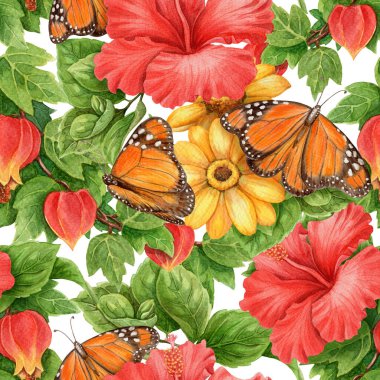 Kelebekli kusursuz desen, kırmızı amber çiçeği ve sarı çiçekler. Kumaş veya duvar kağıdı için el yapımı suluboya parlak tasarım ve çiçekli tropikal doğa titreşimli renkli yaz dekorasyonu.