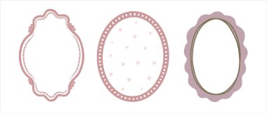 Dikey oval çerçevelerin karalama vektör çizimi. Asgari pembe ve mor elementler, kurdele çizgisi ve polka nokta süsü. Zarif kart veya estetik poster ve davetiye tasarımı için harika.