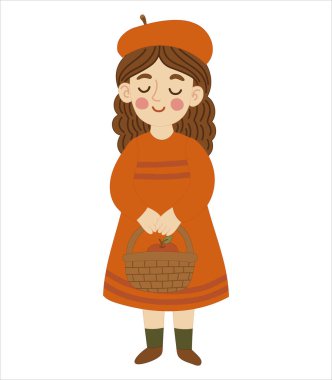 Elma sepeti çizimi olan tatlı bir kız. Kırmızı bereli ve elbiseli gülümseyen bir çocuk. Çiftlik temalı çocuk kitabı ya da organik hasat web tasarımı için harika. Yaz kartı ve meyve etiketi için mükemmel..