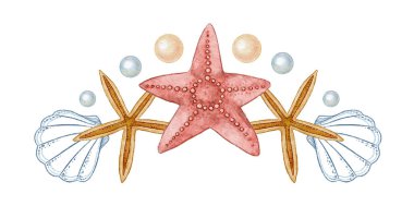 Kırmızı beş köşeli deniz yıldızı ve inci suluboya dizaynlı kabuklar. Renkli kalemle çizilmiş el çizimleri. Yaz seyahati kartı ya da tatil baskısı için harika. Sahil projesi için mükemmel..