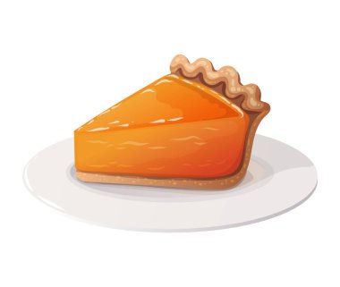 Kabaklı turta dilimi vektör karikatür şeklinde tabakta. Portakallı tatlı ve şenlikli sonbahar yemekleri. Şükran Günü kartları ya da sonbahar menüsü için harika. Mevsimlik hasat festivali için mükemmel..