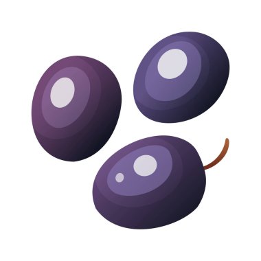 Üç tane mor üzüm meyvesi grubu vektör karikatür tarzında. Neşeli tasarımda sulu sonbahar hasat unsurları. Şükran Günü kartı ya da sonbahar baskısı için harika. Mevsimlik tatil sanatı için mükemmel.